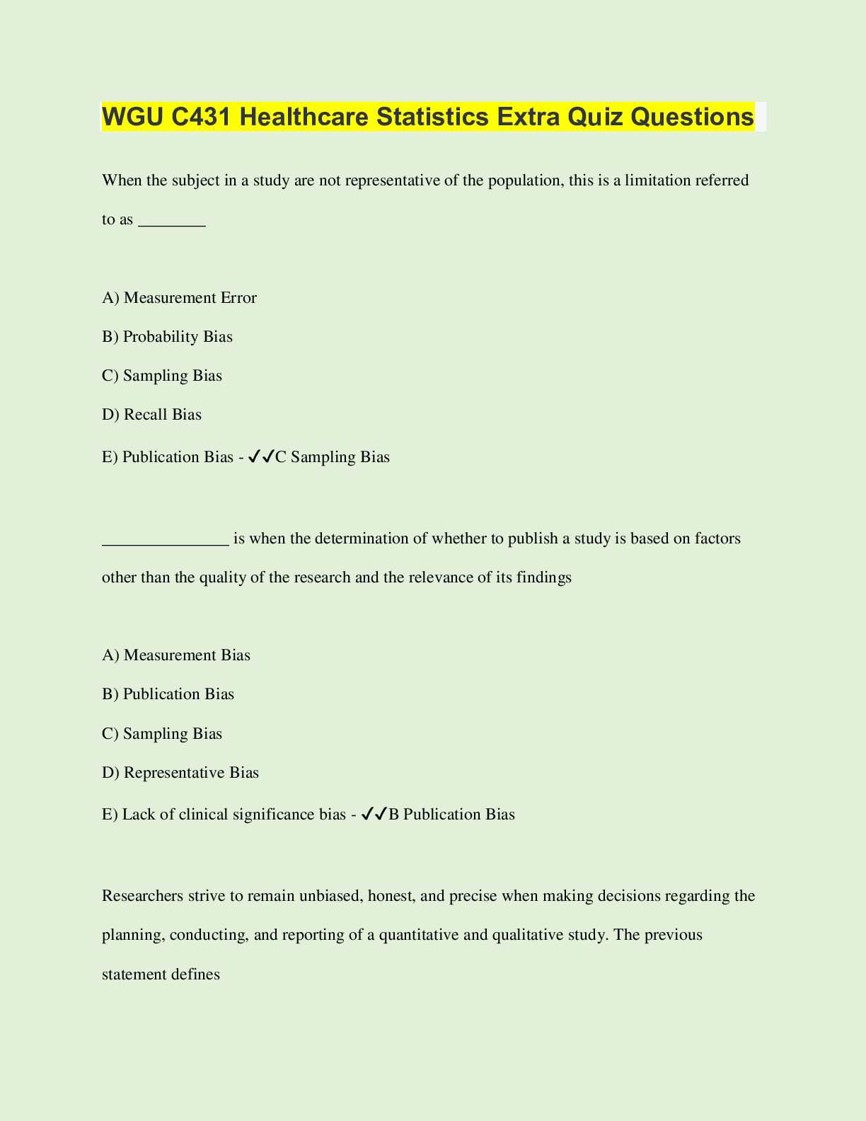 Preview image for WGU C431 Healthcare Statistics extra quiz questions | Questions with 100% Correct Answers | Verified | Latest Update